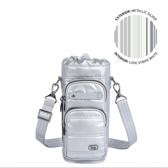 lug Handbags - LUG Huggie Wide Crossbody Water Bottle Holder with Charm Bar Metallic Silver